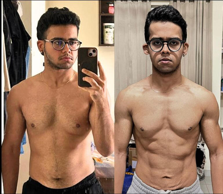 Parth 90-day transformation - visible abs after two years of training, Pratyush Liftz client